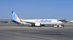 Flydubai plane at the DXB Airport in Dubai